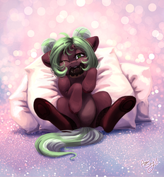 Size: 2213x2382 | Tagged: safe, artist:amishy, oc, oc only, oc:cocoa mint, pony, donut, female, food, high res, mare, mouth hold, nom, solo, ych result
