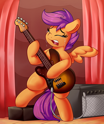 Size: 3000x3568 | Tagged: safe, artist:graphene, scootaloo, pegasus, pony, g4, amplifier, bass guitar, commission, crying, curtains, female, high res, hoof hold, left hand, musical instrument, sad, scootabass, solo, stage