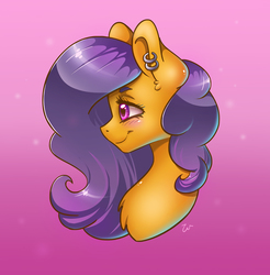 Size: 2978x3032 | Tagged: safe, artist:pitchyy, oc, oc only, oc:lovecraft, pony, blushing, bust, commission, ear piercing, earring, female, high res, jewelry, mare, orange coat, piercing, purple eyes, purple mane, smiling, solo, ych result