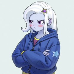 Size: 868x868 | Tagged: safe, artist:agaberu, trixie, equestria girls, g4, blush sticker, blushing, clothes, crossed arms, cute, diatrixes, female, hoodie, looking away, madorable, shirt, solo, sweater