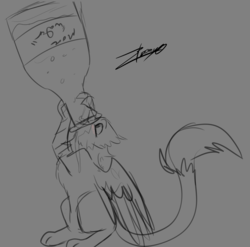 Size: 3336x3300 | Tagged: safe, artist:xeirla, oc, oc only, oc:der, griffon, alcohol, champagne, drink, drinking, high res, micro, monochrome, sketch, solo, wine