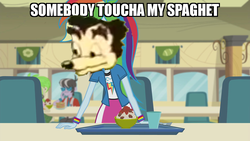 Size: 1280x720 | Tagged: safe, artist:steghost, edit, edited screencap, screencap, rainbow dash, equestria girls, g4, my little pony equestria girls: rainbow rocks, pinkie on the one, angry, cafeteria, canteen, food, glass, image macro, meme, pasta, somebody toucha my spaghet, spaghetti, terrytoons, the three bears