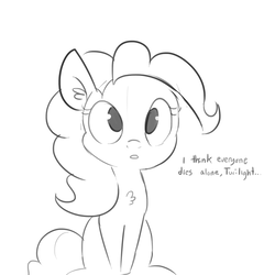 Size: 1650x1650 | Tagged: safe, artist:tjpones, pinkie pie, earth pony, pony, black and white, chest fluff, dialogue, female, grayscale, implied twilight sparkle, mare, monochrome, nihilism, offscreen character, simple background, single panel, solo, white background