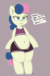 Size: 3370x5111 | Tagged: safe, artist:pabbley, bon bon, sweetie drops, earth pony, pony, g4, belly button, bipedal, bon bon is not amused, brown background, clothes, dialogue, female, frown, implied lyra, lidded eyes, mare, offscreen character, simple background, solo, unamused