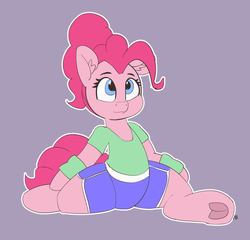 Size: 5734x5500 | Tagged: safe, artist:pabbley, pinkie pie, earth pony, semi-anthro, g4, 30 minute art challenge, absurd resolution, clothes, cute, diapinkes, ear fluff, female, frog (hoof), purple background, simple background, solo, splits, underhoof, workout outfit