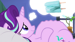 Size: 1024x575 | Tagged: safe, artist:jamesawilliams1996, edit, edited screencap, screencap, starlight glimmer, pony, unicorn, every little thing she does, g4, adorafatty, bed, belly, big belly, cravings, cute, dream, fat, fat edit, female, food, glimmerbetes, ice cream, lying down, mare, on back, pillow, sea salt ice cream, solo, starlard glimmer, stomach growl, that pony sure does love ice cream