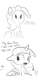 Size: 1650x3300 | Tagged: safe, artist:tjpones, pinkie pie, twilight sparkle, alicorn, earth pony, pony, g4, bait and switch, chest fluff, comic, dialogue, duo, ear fluff, female, floppy ears, grayscale, mare, misunderstanding, monochrome, mood whiplash, quill, simple background, sitting, twilight sparkle (alicorn), white background