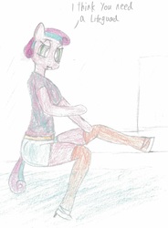 Size: 1105x1505 | Tagged: safe, artist:sovietpone, princess flurry heart, anthro, g4, clothes, female, missing horn, older, socks, solo, thigh highs, traditional art, wingless, wingless anthro