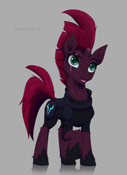 Size: 1100x1515 | Tagged: safe, artist:sergeyfoxx, tempest shadow, g4, my little pony: the movie, broken horn, confused, eye scar, female, horn, open mouth, raised hoof, scar, simple background, solo