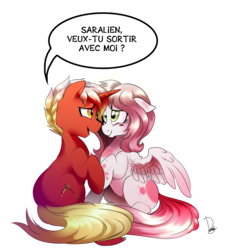 Size: 3000x3300 | Tagged: safe, artist:dormin-dim, oc, oc only, oc:saigneur, oc:saralien, pegasus, pony, unicorn, blush sticker, blushing, couple, dialogue, duo, female, floppy ears, french, high res, looking at each other, male, mare, oc x oc, shipping, simple background, sitting, speech bubble, spread wings, stallion, translated in the comments, transparent background, wings