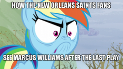 Size: 800x450 | Tagged: safe, edit, edited screencap, screencap, rainbow dash, g4, tanks for the memories, american football, do i look angry, faic, female, meme, new orleans saints, nfc divisional round, nfl, nfl divisional round, nfl playoffs, solo