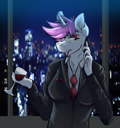 Size: 2604x2773 | Tagged: safe, artist:loki-bagel, oc, oc only, anthro, business suit, businessmare, clothes, drink, eyeshadow, glasses, high res, lipstick, makeup, solo, suit