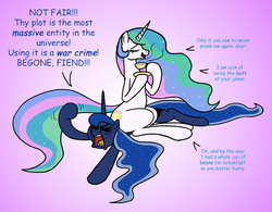 Size: 1481x1153 | Tagged: safe, artist:banebuster, princess celestia, princess luna, alicorn, pony, g4, adorable distress, angry, blushing, butt, cup, cute, cutie mark, dialogue, duo, duo female, eyes closed, fanfic art, fart joke, featured image, female, food, gradient background, horn, imminent fart, implied farting, long horn, mare, open mouth, plot, pun, raised hoof, royal sisters, siblings, simple background, sisters, sitting, sitting on pony, solar wind, sunbutt, tea, teacup, text, this will end in farts, unamused, wingless, ye olde butcherede englishe