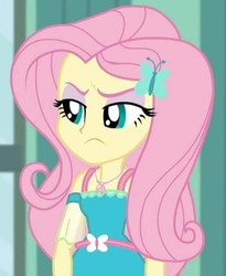 Size: 498x606 | Tagged: safe, screencap, fluttershy, a little birdie told me, equestria girls, g4, my little pony equestria girls: better together, cropped, female, fluttershy is not amused, geode of fauna, magical geodes, peeved, solo, unamused