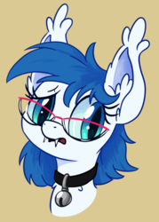 Size: 450x630 | Tagged: safe, artist:tehflah, oc, oc only, oc:wind chime, bat pony, bell, bell collar, bust, collar, cute, glasses, portrait, solo, worried