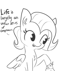 Size: 1650x1650 | Tagged: safe, artist:tjpones, part of a set, fluttershy, bird, pegasus, pony, g4, chest fluff, demotivational, dialogue, ear fluff, female, grayscale, mare, monochrome, open mouth, simple background, sketch, white background