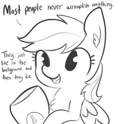 Size: 1650x1650 | Tagged: safe, artist:tjpones, part of a set, rainbow dash, pony, g4, demotivational, dialogue, female, mare, monochrome, nihilism, simple background, sketch, solo, trophy, white background