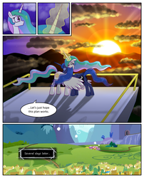 Size: 1250x1550 | Tagged: safe, artist:leffenkitty, princess celestia, princess luna, pony, comic:prospect of tranquility, g4, comic, friendship express, glowing horn, horn, hug, sunrise, train, winghug