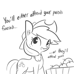 Size: 1650x1650 | Tagged: safe, artist:tjpones, part of a set, applejack, earth pony, pony, g4, apple, cowboy hat, demotivational, dialogue, ear fluff, female, food, grayscale, hat, mare, monochrome, morbid, simple background, sketch, solo, stetson, white background