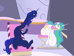 Size: 1280x981 | Tagged: safe, artist:astr0zone, princess celestia, princess luna, g4, duo, duo female, female, fetish, impossibly long neck, long neck, necc, princess luneck, princess necklestia, reclining, relaxed, relaxing, smiling, spa, twisted neck, wat, weird fetish