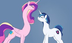 Size: 1280x762 | Tagged: safe, artist:astr0zone, princess cadance, shining armor, alicorn, pony, unicorn, g4, are you frustrated?, duo, female, husband and wife, impossibly long neck, long neck, looking at each other, looking up, male, mare, necc, profile, ship:shiningcadance, shipping, simple background, stallion, straight, wat