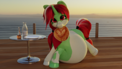 Size: 3840x2160 | Tagged: safe, artist:kiedough, oc, oc only, oc:clover, pony, 3d, belly, big belly, blender, fat, female, food, heart, high res, looking at you, pancakes, solo, stuffed