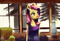 Size: 1670x1137 | Tagged: safe, artist:toisanemoif, fluttershy, anthro, g4, breasts, cleavage, clothes, female, indoors, looking away, looking up, room, solo, tank top, three quarter view, vase, window