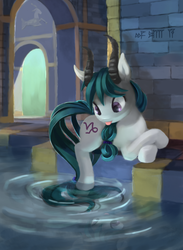 Size: 590x808 | Tagged: safe, artist:bakuel, pony, capricorn, crossed hooves, cute, horns, horoscope, legs in the water, partially submerged, ponified, ponyscopes, scenery, solo, tongue out, water, zodiac