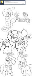 Size: 1280x3072 | Tagged: safe, artist:zanezandell, oc, oc only, oc:krabby, oc:sugarbolt, oc:truffle mint, pony, ascot, ask, board game, clothes, cmcnext, comic, for science, goggles, licking, magical lesbian spawn, monochrome, offspring, parent:bon bon, parent:lyra heartstrings, parents:lyrabon, scarf, sketch, tongue out, tumblr, unamused