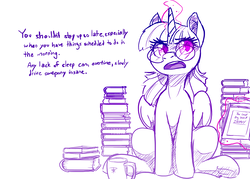 Size: 2100x1500 | Tagged: source needed, safe, artist:prismspark, twilight sparkle, alicorn, pony, g4, advice, book, cute, dialogue, female, frown, glasses, glowing horn, grammar error, horn, irony, magic, mare, monochrome, open mouth, purple, self fulfilling prophecy, simple background, solo, telekinesis, twilight sparkle (alicorn), underhoof, white background, you don't say