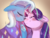 Size: 4620x3542 | Tagged: safe, artist:cherivinca, starlight glimmer, trixie, pony, unicorn, g4, absurd resolution, blushing, cape, clothes, cuddling, cute, diatrixes, duo, duo female, eyes closed, female, floppy ears, glimmerbetes, gradient background, happy, lesbian, mare, nuzzling, ship:startrix, shipping, smiling, snuggling, trixie's cape