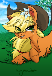 Size: 854x1234 | Tagged: safe, artist:prismspark, derpibooru exclusive, applejack, earth pony, pony, bedroom eyes, cowboy hat, cute, ear fluff, eye clipping through hair, eyebrows, eyebrows visible through hair, female, flower, flower in hair, hat, jackabetes, lip bite, looking at you, lying in grass, mare, prone, solo