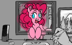 Size: 2400x1500 | Tagged: safe, artist:prismspark, pinkie pie, earth pony, human, pony, g4, breaking the fourth wall, computer, cute, graphics tablet, partial color, pov, smiling, solo focus