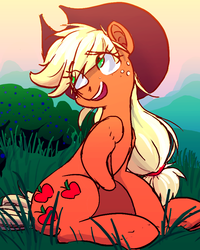 Size: 720x898 | Tagged: safe, artist:prismspark, derpibooru exclusive, applejack, earth pony, pony, g4, cowboy hat, female, hat, hoof on chest, long hair, looking away, mare, outdoors, sitting, smiling, solo, turned head