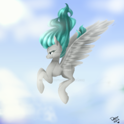 Size: 1024x1024 | Tagged: safe, artist:poofydoofy, oc, oc only, pegasus, pony, female, mare, solo, spread wings, watermark, windswept mane, wings