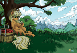 Size: 4821x3300 | Tagged: safe, artist:prismspark, applejack, earth pony, pony, g4, apple, carving, female, food, hat, hoof hold, knife, mare, mountain, mountain range, scenery, sitting, solo, tree, wood carving
