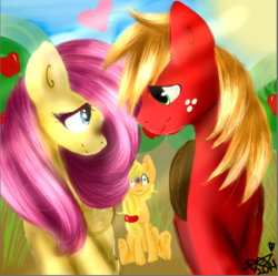 Size: 594x591 | Tagged: safe, artist:poofydoofy, applejack, big macintosh, fluttershy, g4, female, heart, male, ship:fluttermac, shipping, straight, sweet apple acres, wavy mouth