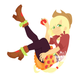 Size: 2000x2000 | Tagged: safe, artist:perfectlyburningmilkshake, applejack, equestria girls, g4, my little pony equestria girls: friendship games, apple, boots, clothes, cowboy hat, female, food, hat, high res, jacket, lineless, looking at you, pantyhose, shoes, simple background, skirt, skirt lift, smiling, solo, stetson, tights, transparent background