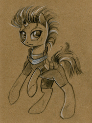 Size: 600x798 | Tagged: safe, artist:maytee, tempest shadow, pony, unicorn, g4, my little pony: the movie, armor, broken horn, eye scar, female, horn, looking at you, mare, monochrome, partial color, rearing, scar, sepia, sketch, solo, traditional art