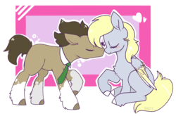 Size: 1455x961 | Tagged: safe, artist:burrase-and-ross, derpy hooves, doctor whooves, time turner, earth pony, pegasus, pony, g4, blushing, eyes closed, female, folded wings, heart, kissing, male, mare, missing cutie mark, ship:doctorderpy, shipping, sitting, smiling, stallion, straight, unshorn fetlocks