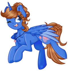 Size: 1506x1585 | Tagged: safe, artist:sketchyhowl, oc, oc only, oc:midnight luna, alicorn, pony, alicorn oc, chest fluff, female, mare, one eye closed, simple background, solo, transparent background, wink