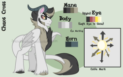 Size: 1775x1109 | Tagged: safe, artist:ipandacakes, oc, oc only, oc:chaos cross, hybrid, interspecies offspring, male, offspring, parent:discord, parent:princess celestia, parents:dislestia, reference sheet, solo