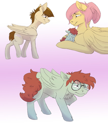 Size: 2741x3210 | Tagged: safe, artist:artikit, featherweight, fluttershy, oc, oc:shutterbug, pegasus, pony, g4, alternate hairstyle, baby, baby pony, chest fluff, colt, fluttermom, glasses, gradient background, hair bun, half-siblings, high res, male, offspring, parent:bulk biceps, parent:fluttershy, parents:flutterbulk