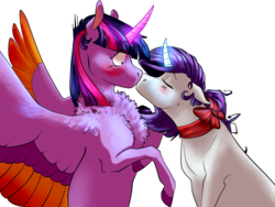 Size: 1600x1200 | Tagged: safe, artist:maxiima, rarity, twilight sparkle, alicorn, pony, unicorn, g4, blushing, chest fluff, colored wings, duo, female, glowing horn, horn, kiss on the lips, kissing, lesbian, mare, ship:rarilight, shipping, simple background, transparent background, twilight sparkle (alicorn)
