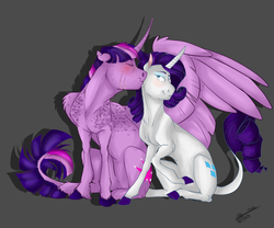 Size: 6000x5000 | Tagged: safe, artist:maxiima, rarity, twilight sparkle, alicorn, pony, unicorn, g4, absurd resolution, cheek kiss, curved horn, duo, feather, female, gray background, horn, kissing, leonine tail, lesbian, scar, ship:rarilight, shipping, simple background, twilight sparkle (alicorn), unshorn fetlocks