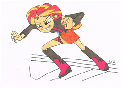 Size: 2338x1700 | Tagged: safe, artist:artofmagicpoland, sunset shimmer, equestria girls, g4, my little pony equestria girls, boots, clothes, female, high heel boots, jacket, leather jacket, shoes, skirt, solo, traditional art