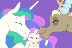Size: 1504x1000 | Tagged: safe, artist:9centschange, discord, princess celestia, oc, oc:prince concord, hybrid, g4, :p, baby, cheek kiss, cute, cutelestia, discute, eyes closed, family, father and son, female, floppy ears, forehead kiss, horn, interspecies offspring, kiss sandwich, kissing, male, mother and son, offspring, parent:discord, parent:princess celestia, parents:dislestia, purple background, ship:dislestia, shipping, silly, simple background, straight, tongue out