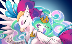 Size: 896x553 | Tagged: safe, artist:gamblingfoxinahat, princess celestia, queen novo, alicorn, classical hippogriff, hippogriff, pony, g4, my little pony: the movie, credits, duo, eyes closed, female, friends, hug, mare, old friend, royalty, scene interpretation, smiling