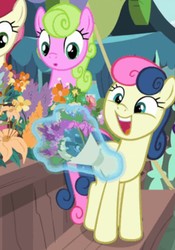 Size: 717x1022 | Tagged: safe, screencap, bon bon, daisy, flower wishes, roseluck, sweetie drops, g4, it isn't the mane thing about you, adorabon, amused, bon bon is amused, bouquet, cute, daaaaaaaaaaaw, flower