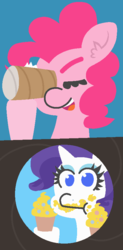 Size: 442x895 | Tagged: safe, artist:threetwotwo32232, pinkie pie, rarity, earth pony, pony, unicorn, g4, comic, cupcake, ear fluff, female, food, mare, meme, toilet paper roll, what does she see